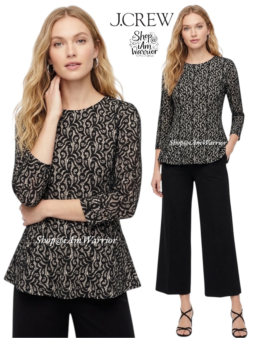 J.Crew black lace 3/4 sleeve peplum top *shop@iamwarrior
